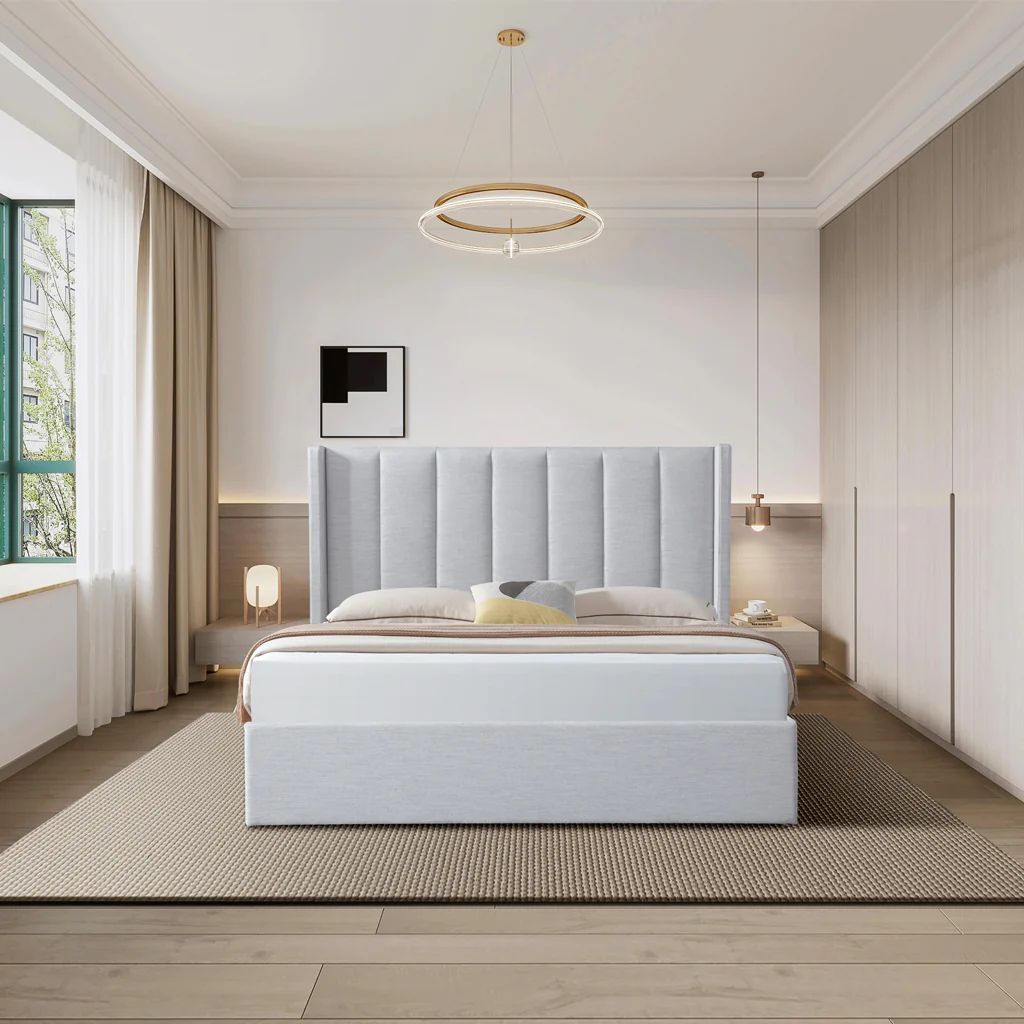 Betsy Fabric King Bed Frame - Pearl Grey with Storage - Image 2