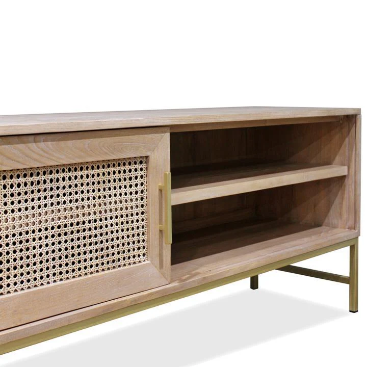 Marta Timber & Rattan Sliding Door TV Unit- Natural - Image 4